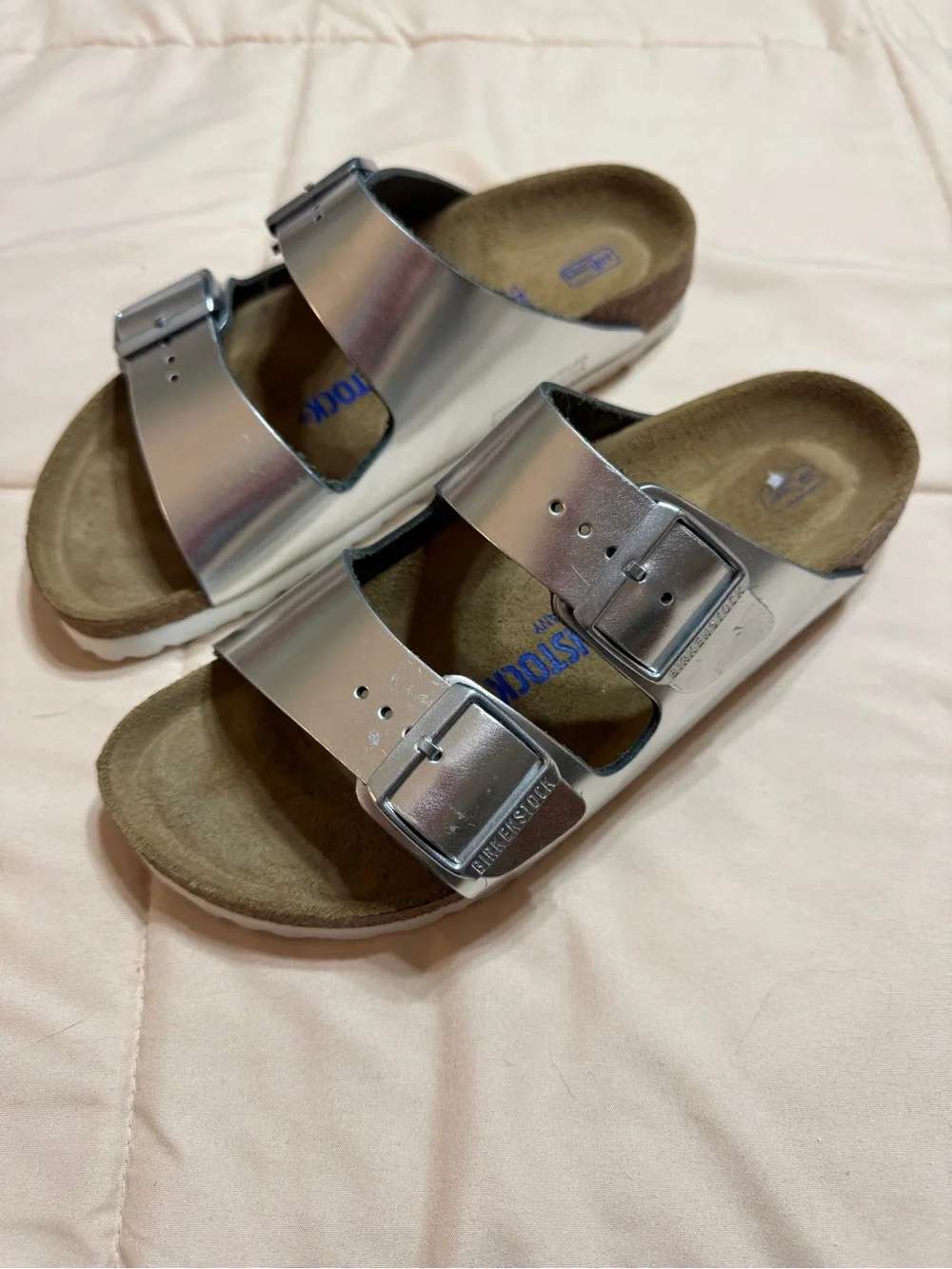 Birkenstock Women’s Softbed Two-Strap Metallic Silver Sandals